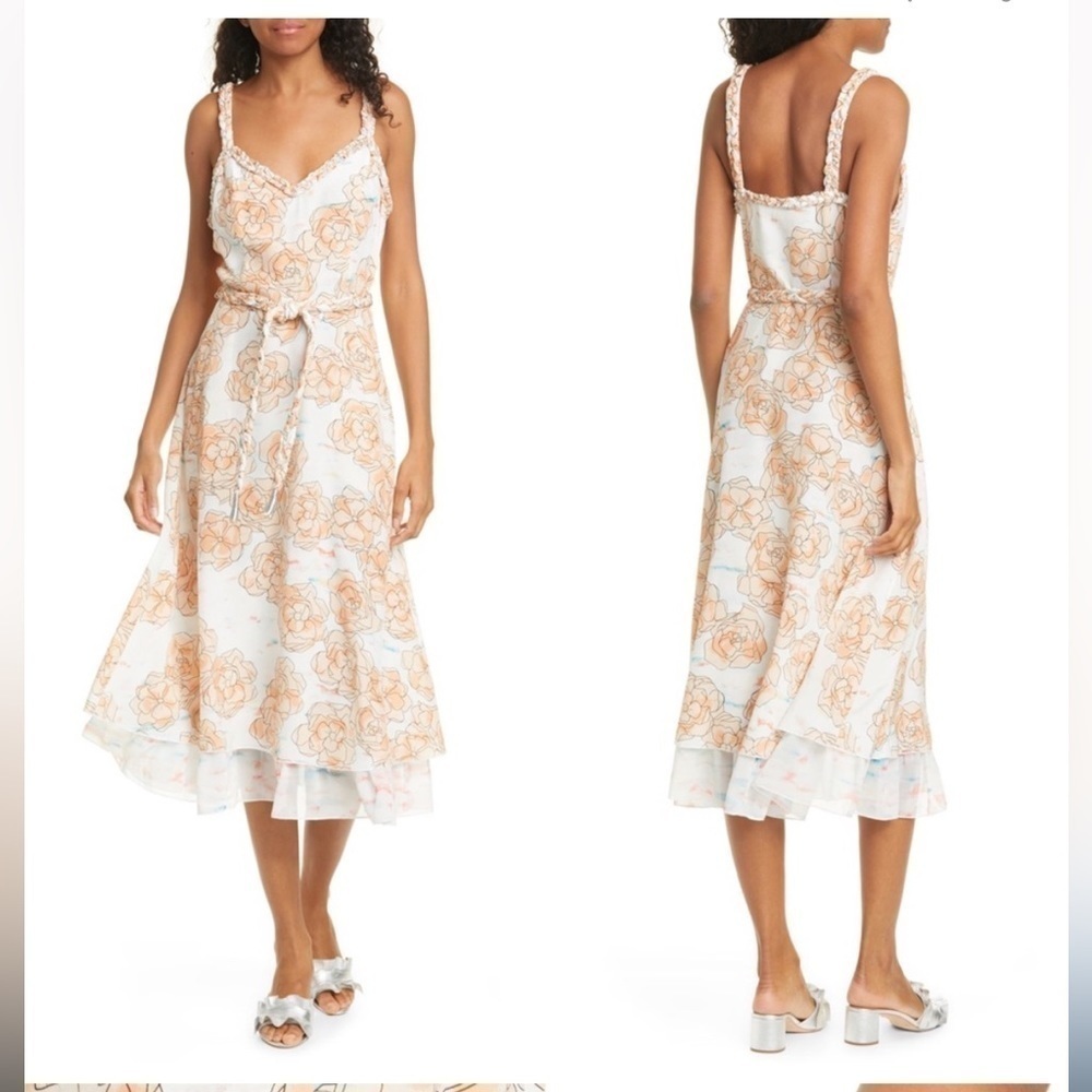 Dyvna ChaCha Peach Floral Overlay Braided Strap Silk Midi Dress Size 10 NWT